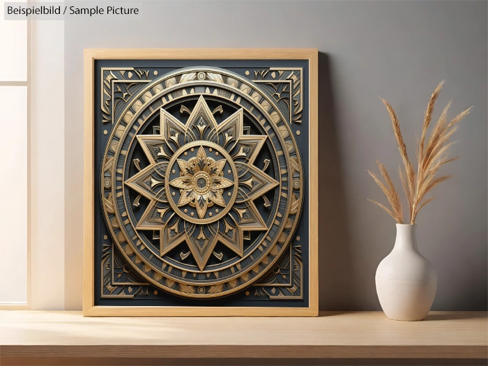 Geometric gold mandala artwork in a wooden frame on a table beside a white vase with dried grass.