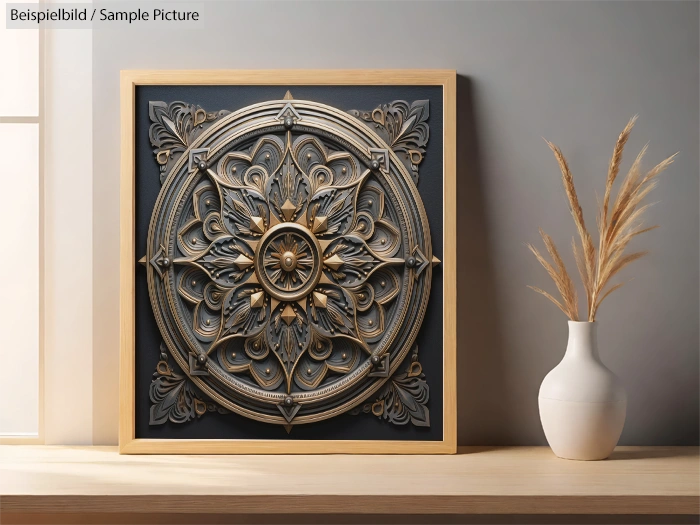 Ornate circular mandala art in wooden frame displayed on a shelf next to a decorative vase with dried grass.