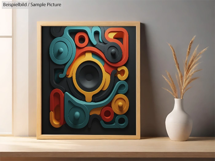 Colorful abstract art with swirling shapes in a wooden frame, placed on a table beside a white vase with dry grass.