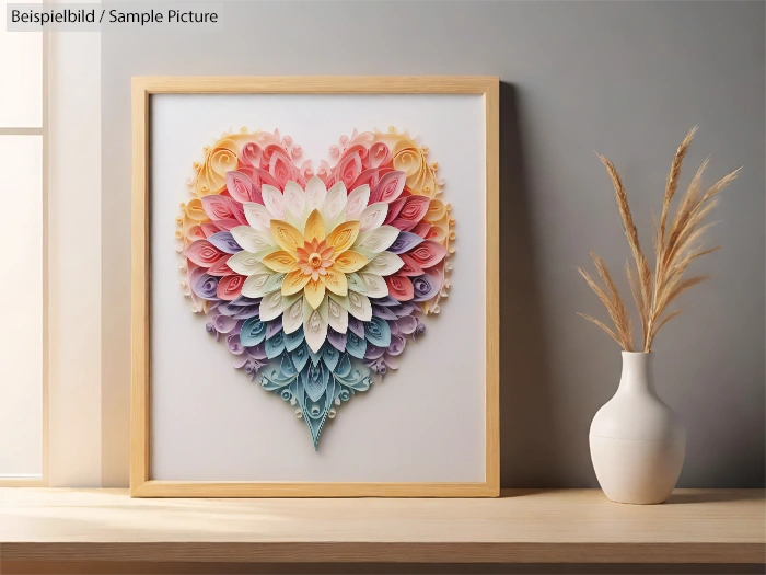 Colorful heart-shaped quilling art in a wooden frame near a white vase on a shelf.