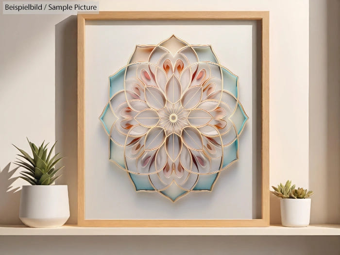 Abstract mandala art in wooden frame with delicate floral design, placed between two potted plants on a shelf.