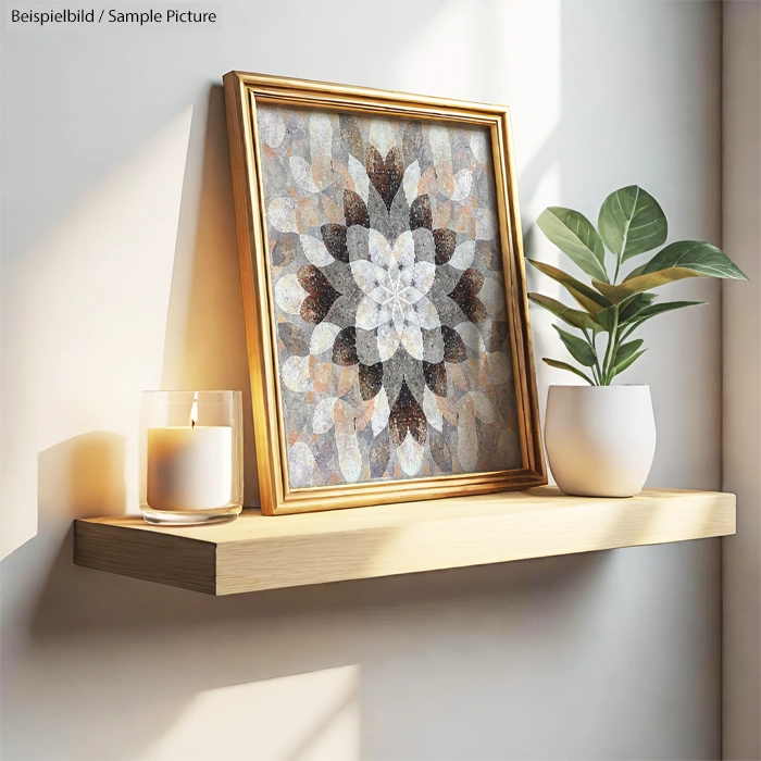 Decorative shelf with framed abstract artwork, potted plant, and lit candle in natural light.