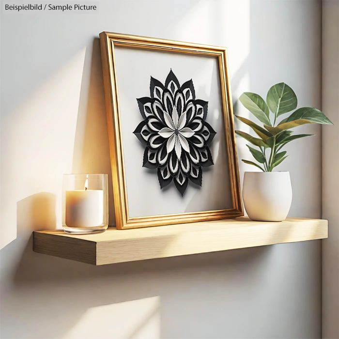 Shelf with candle, plant, and framed geometric black and white artwork.