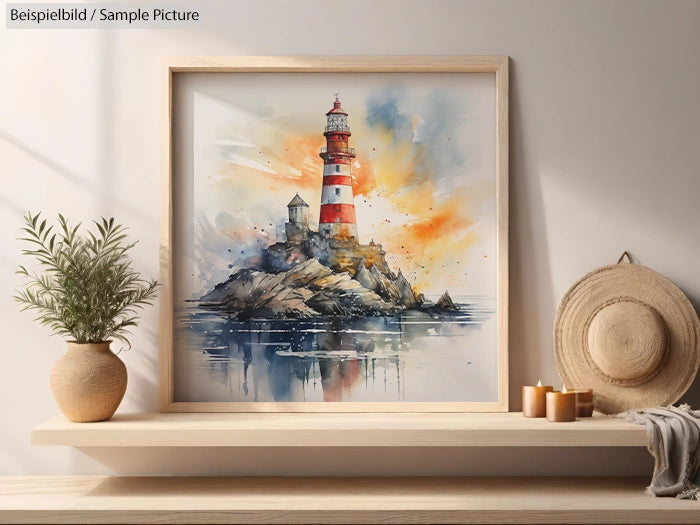 Framed painting of a lighthouse on a rocky island, with warm sunlight and calm water reflections, on a wooden shelf.