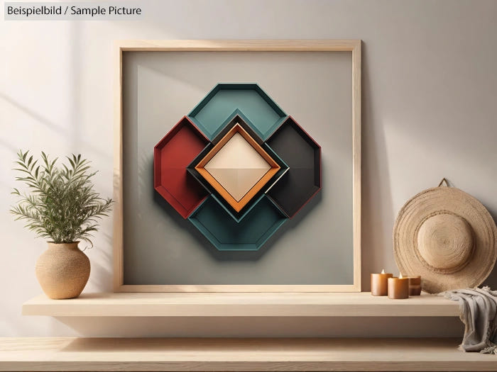 Framed geometric art piece with layered hexagonal shapes in red, blue, and orange tones on a shelf with decor.