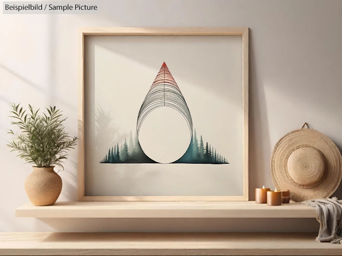 Framed abstract art with trees and geometric lines, next to a plant and round hat on a wooden table.