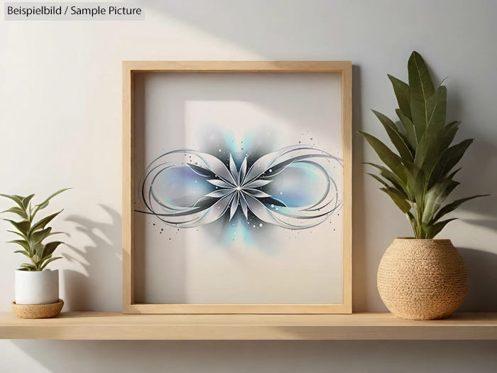 Framed abstract artwork with floral design, flanked by potted plants, casting soft shadows on a light wall.