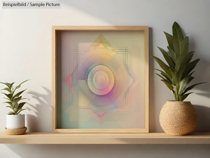 Geometric art print with rainbow colors in a wooden frame, displayed between two potted plants.