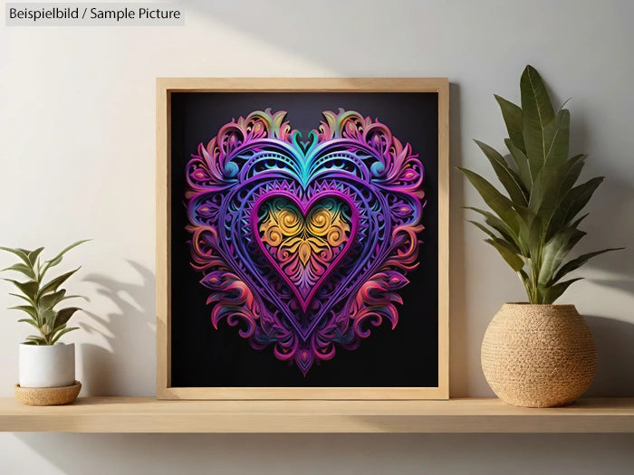 Framed artwork of an intricate, colorful heart design surrounded by potted plants on a wooden shelf.