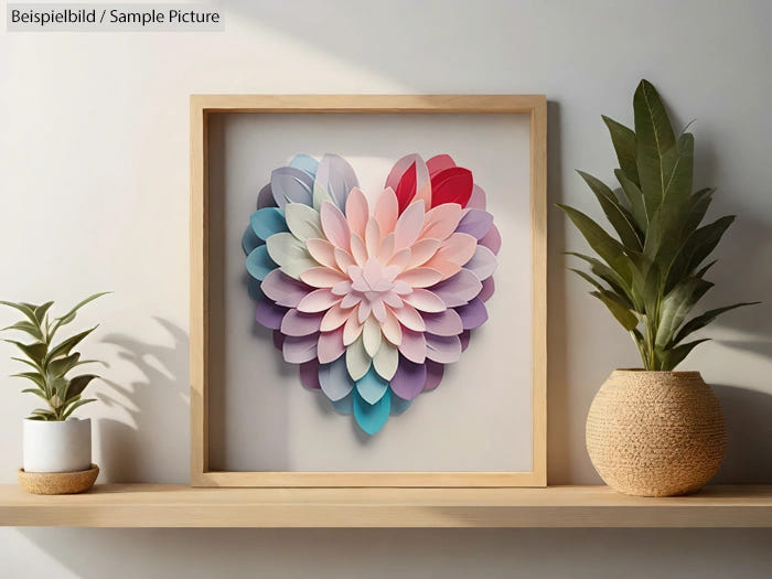 Framed 3D wall art with colorful layered paper petals, flanked by two potted plants on a wooden shelf.