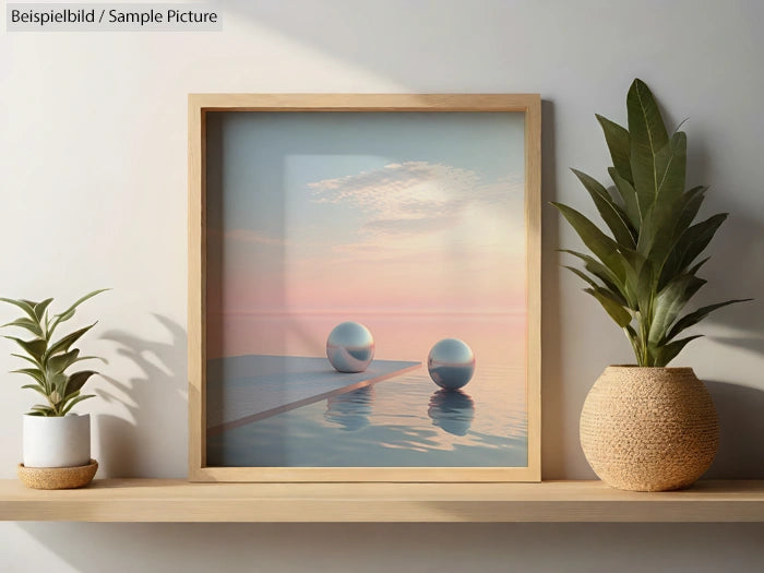 Framed abstract art with spheres by a reflective pool at sunset, flanked by potted plants on a wooden shelf.