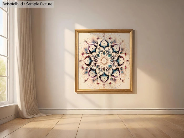 Ornate framed mandala artwork on a sunlit wall, with shadows and natural light streaming from a nearby window.