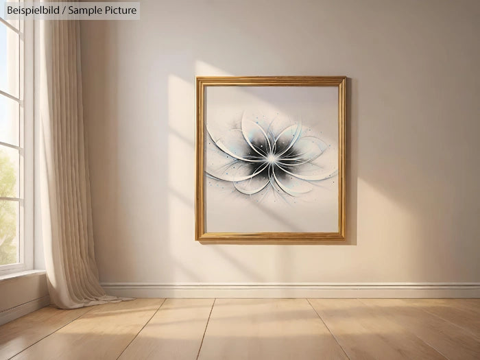 Modern artwork with a floral abstract design in a wooden frame, hung on a sunlit wall next to a window with curtains.