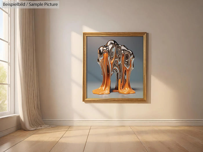 Abstract art of melting orange shapes in a gold frame, displayed on a wall in a sunlit room.