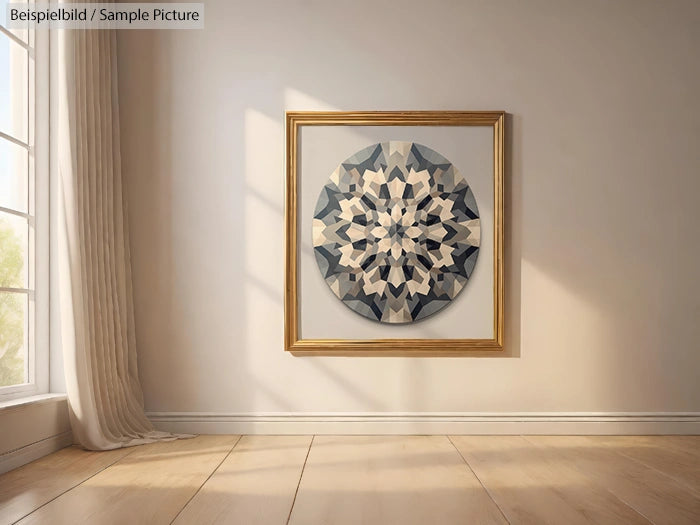 Geometric star-patterned artwork in wooden frame on light-colored wall, with soft natural light from window.