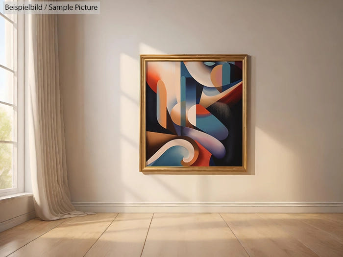 Framed abstract painting with swirling shapes in a sunlit room with wooden floor and curtains.