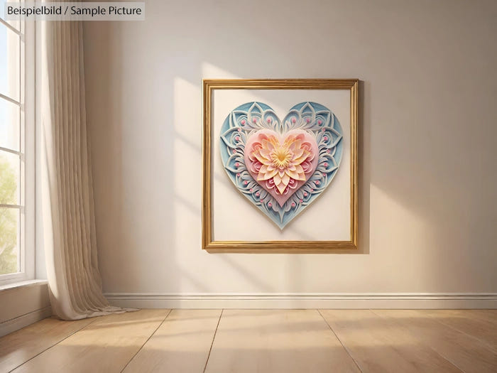 Decorative heart-shaped art piece with pink and blue paper layers on a wall in a sunlit room.