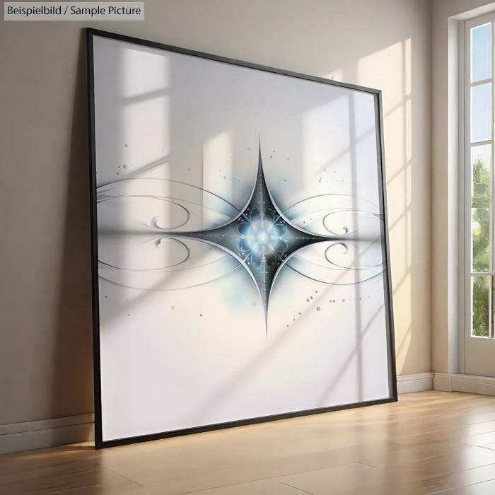 Modern abstract artwork with a central star design and swirling patterns, displayed in a sunlit room.