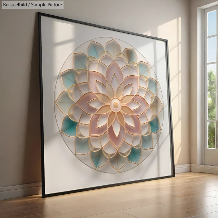 Large framed mandala art with pastel colors leaning against a sunlit wall in a bright room with a window.