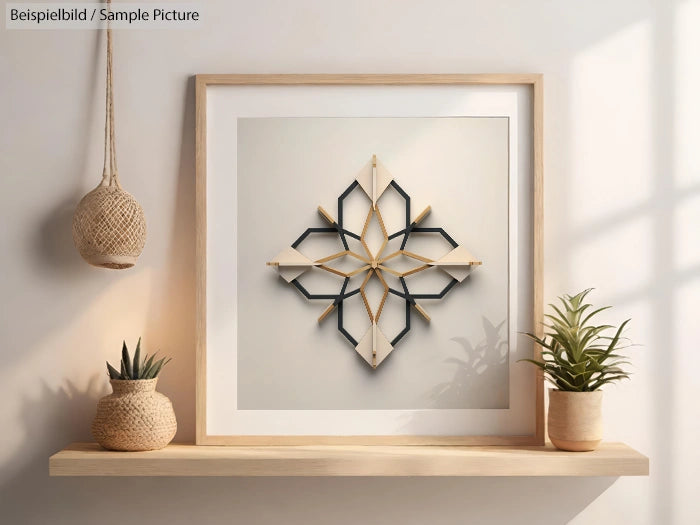 Geometric wall art in wooden frame on shelf with potted plants and natural lighting.