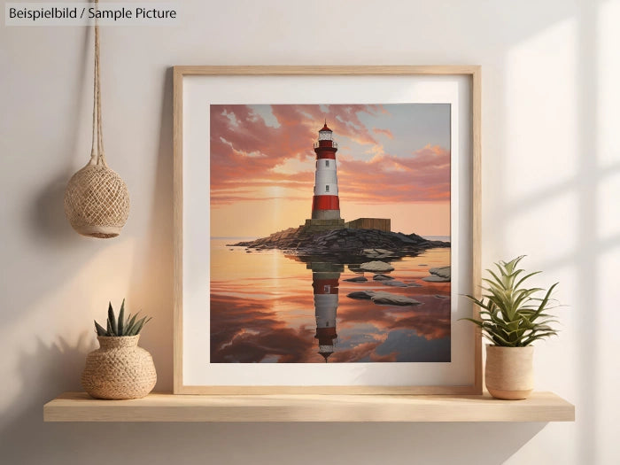 Framed painting of a lighthouse on a rocky shore at sunset, on a shelf with two potted plants.