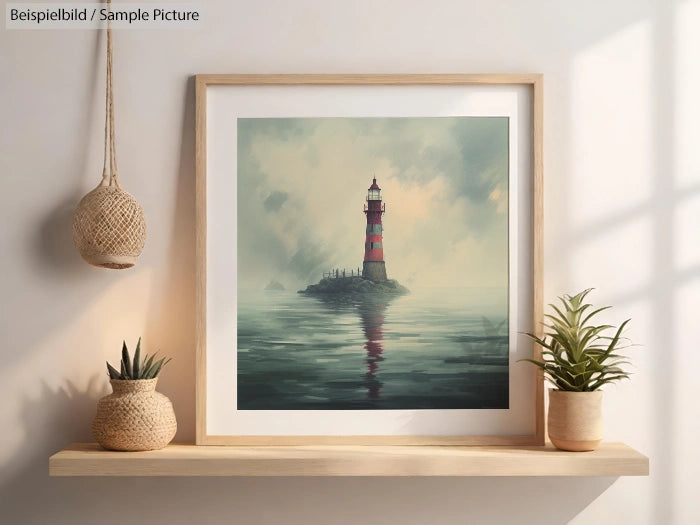 Framed painting of a red lighthouse on a misty sea, displayed on a wall with potted plants and soft lighting.