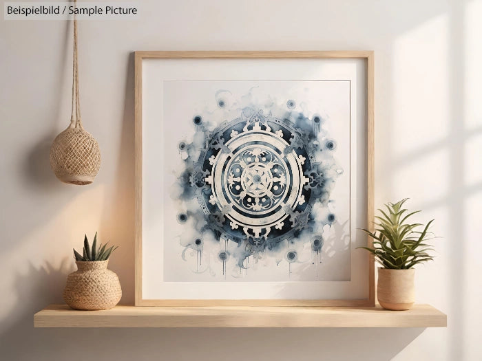 Decorative framed mandala art with blue background on a wooden shelf, flanked by two potted plants.