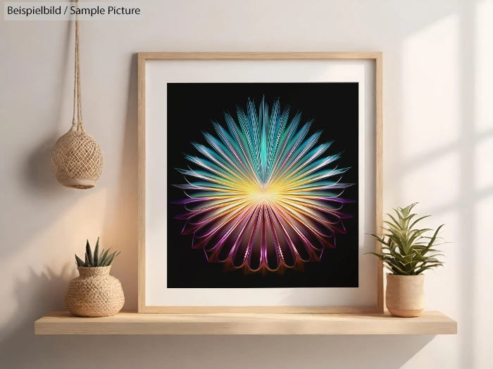 Framed abstract art with colorful radial design on wall above wooden shelf with potted plants.