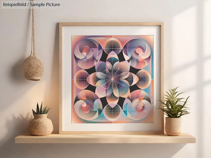 Framed geometric abstract art in pastel colors on a shelf with potted plants; sunlight casting shadows.