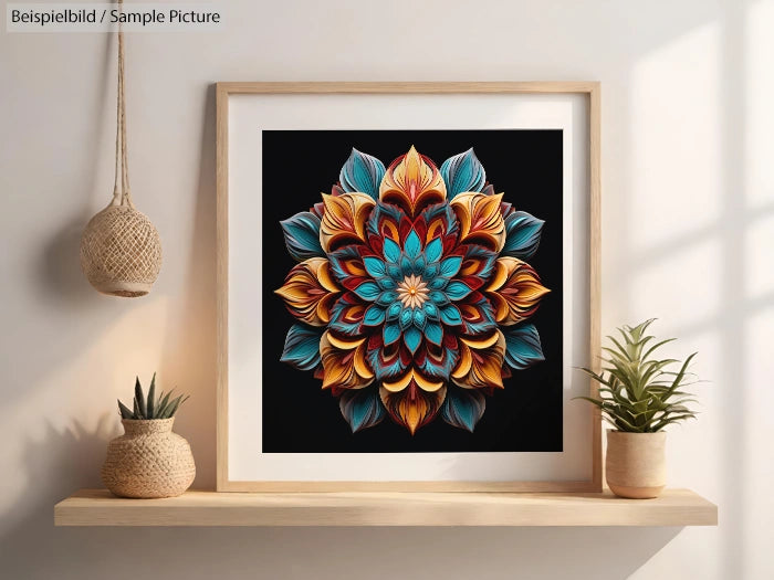 Colorful mandala artwork in wooden frame on a shelf with small potted plants.