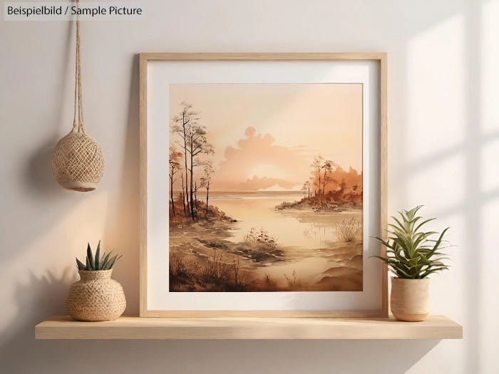 Framed landscape painting on a shelf with plants, depicting a serene lake and trees in warm, earthy tones.