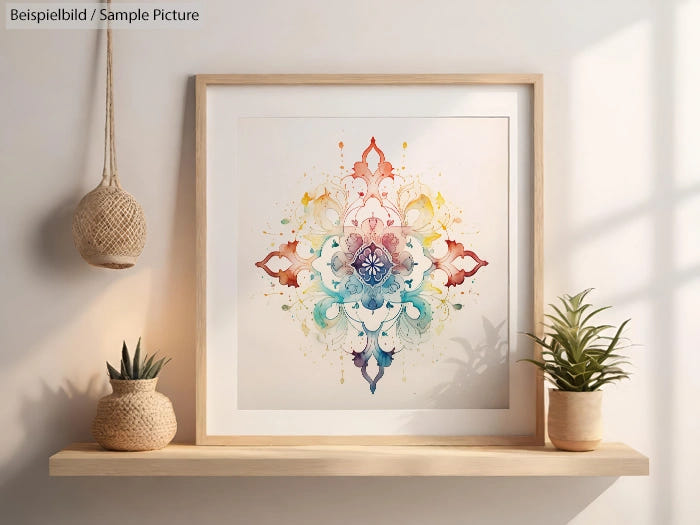 Framed colorful mandala art with potted plants on a wooden shelf.