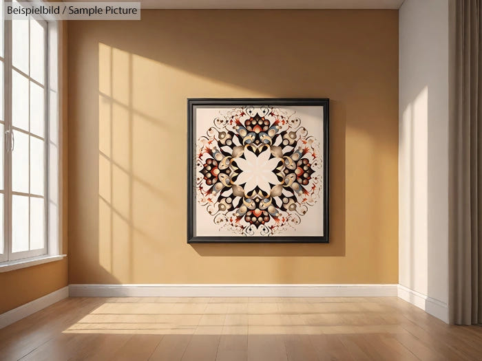 Framed geometric mandala artwork on wall with sunlight in minimalist room.