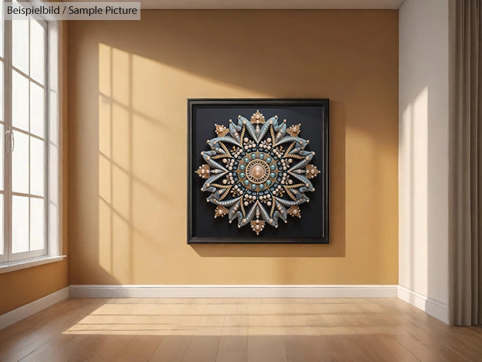 Intricate wall art with a mandala pattern in a sunlit, minimalist room with beige walls and wooden floor.