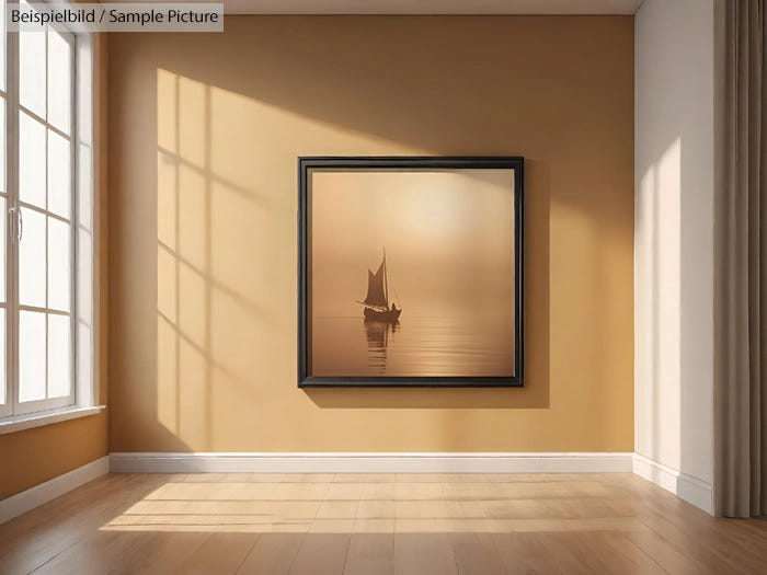 Large framed sepia photograph of a sailboat on calm water, hanging in a sunlit room with wooden floors.