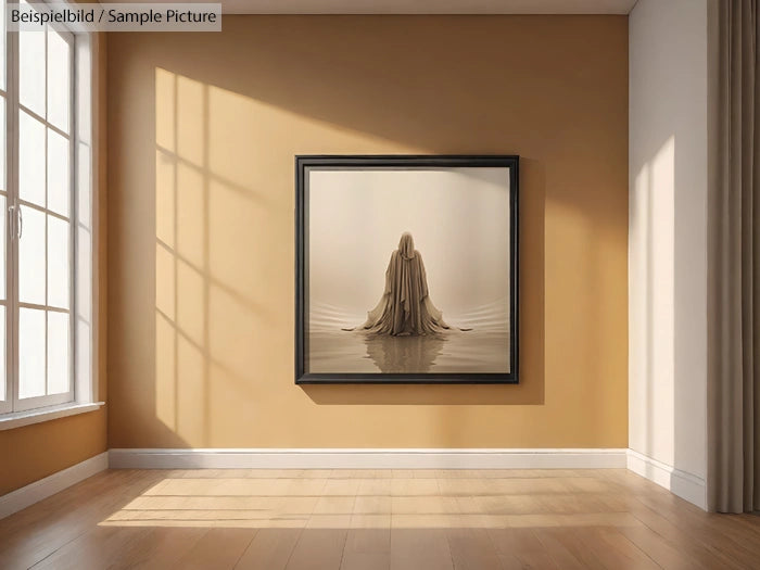 Interior with minimalist art of a draped figure, framed on a beige wall, and sunlight streaming through windows.