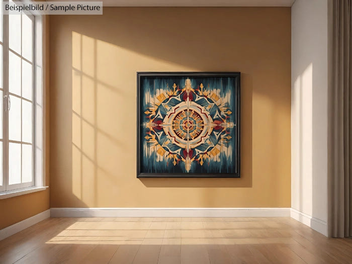 Framed abstract mandala art on sunlit wall, wooden floor, beside a curtained window.