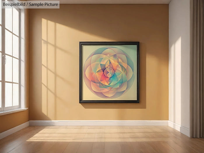 Framed abstract art with colorful geometric patterns in a sunlit room.