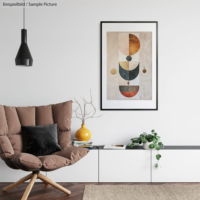 Modern living room with brown lounge chair, abstract geometric art, potted plant, and decorative vase on white shelves.