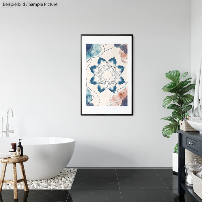 Minimalist bathroom with white tub, black floor tiles, and framed abstract art on gray wall. Potted plant beside sink.