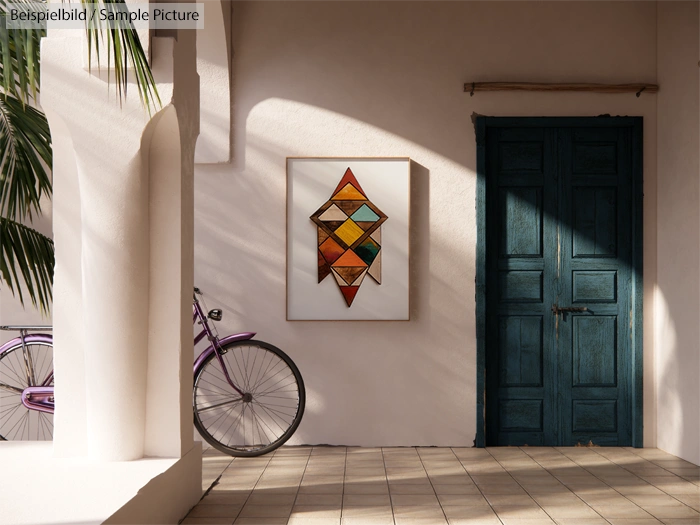 Sunny hallway with geometric painting, purple bicycle, and blue wooden door, creating a vibrant and inviting atmosphere.