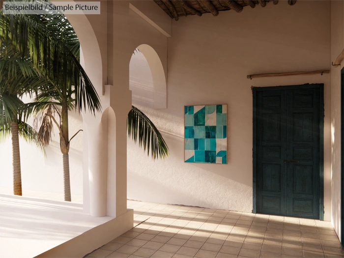 Sunlit terrace with arches, palm trees, blue door, and geometric teal artwork on a white wall.