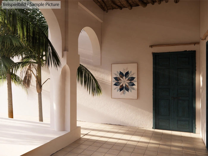 Sunlit hallway with arches, palm leaves, dark door, and artwork on wall, creating a serene, tropical ambiance.