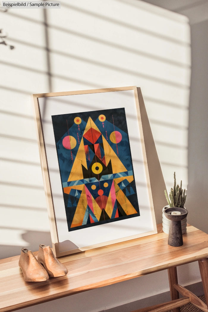 Framed geometric abstract art print on a wooden table with potted cactus and decorative wooden shoes.