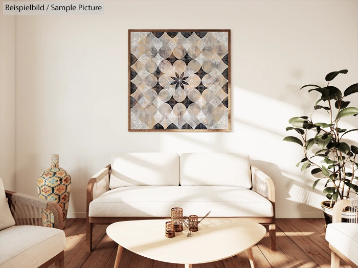 Minimalist living room with white sofa, geometric wall art, wooden floors, a coffee table, and a potted plant.