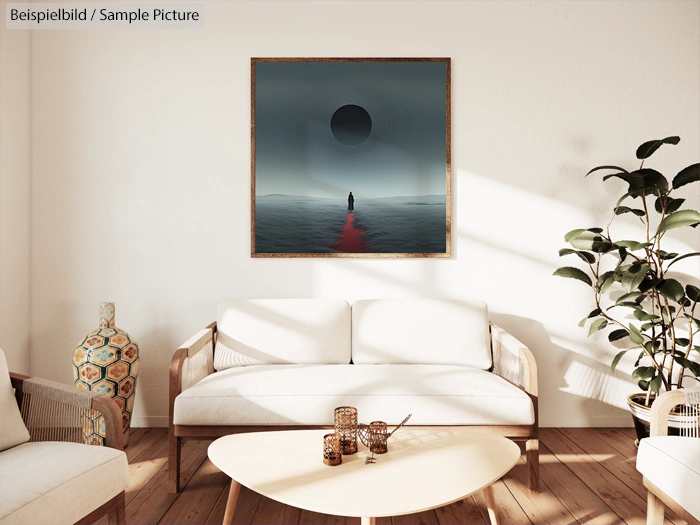 Modern living room with a tan sofa, abstract wall art, wooden table, decorative vases, and a potted plant.