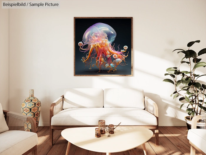 Modern living room with a framed jellyfish artwork on the wall, white sofa, coffee table, and indoor plants.