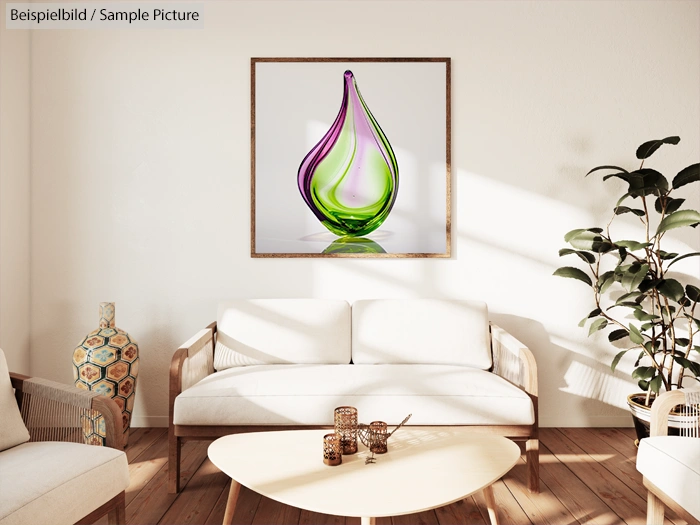 Modern living room with a white sofa, a glass teardrop sculpture artwork on the wall, and vibrant green plants.