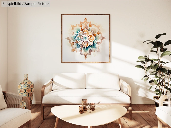 Minimalist living room with a white sofa, abstract wall art, wooden table, and green plant.