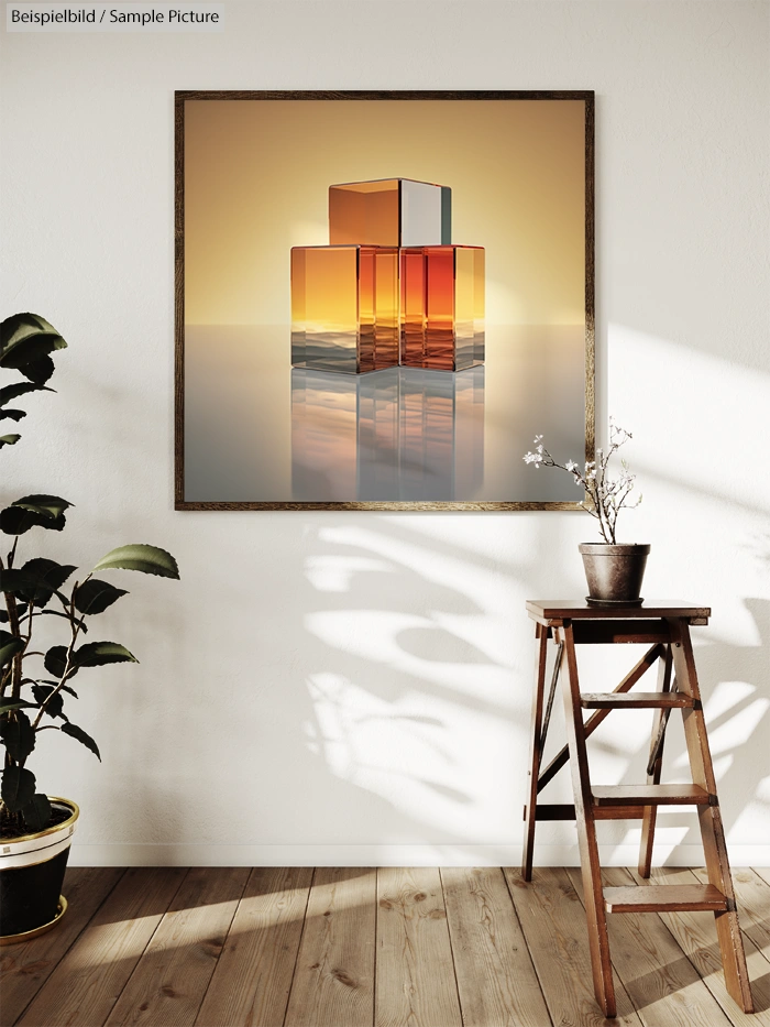 Modern art piece with geometric glass blocks in a wooden frame, alongside a potted plant on a wooden stool.